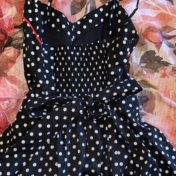 Cute Pinup Rockabilly Black and White Polka Dot A Line Dress with Red Trim - Picture 11 of 16